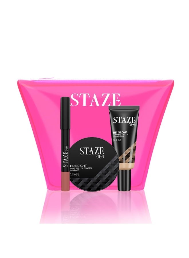 Staze 9to9 All You Need Glam Essentials 3 in 1 Combo | Fair Tone MakeUp Kit with FREE Neon Pouch | Foundation, Compact Powder & Lip Crayon | 12 Hrs Long Lasting, Full Coverage, Highly Pigmented & Lightweight Velvety Matte Finish | Bridal Makeup Gift Kit for Women & Girls | 31g - Image 1